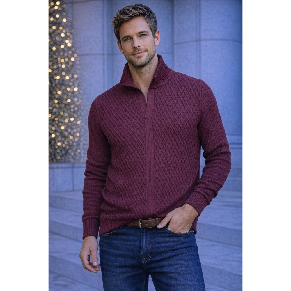 Bugatchi 100% Merino Wool‎ Sweater Mens XL Burgundy Quarter Zip Knit